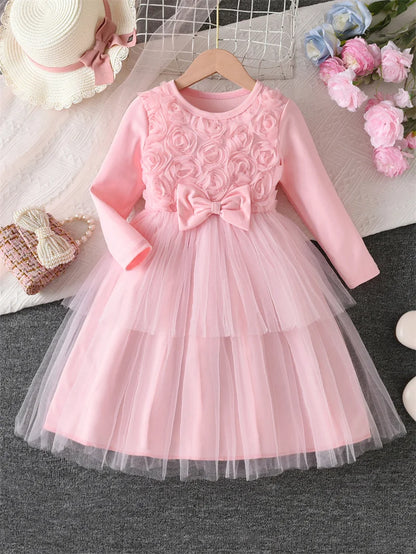 Kids Autumn 3D Flower Bow Dresses Children Princess Style Long Sleeve Mesh Puff Skirt Girls Birthday Party Performance Dress