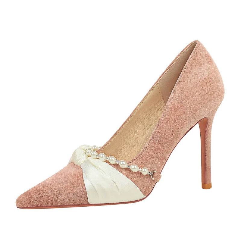French Style Lady Pearl Chain Bow Pointed Toe Shallow Mouth Fashion Suede Stiletto Shoes for Women  Design Perfect Elegant