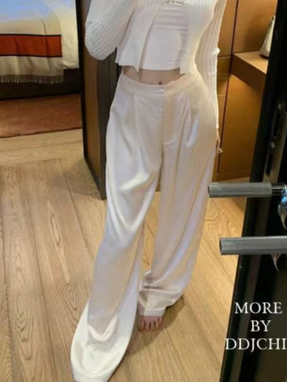 New Satin Wide Leg Pants for Women Summer High Waist Fashion Loose Casual Pants Simple All-match Straight Long Trousers 2026