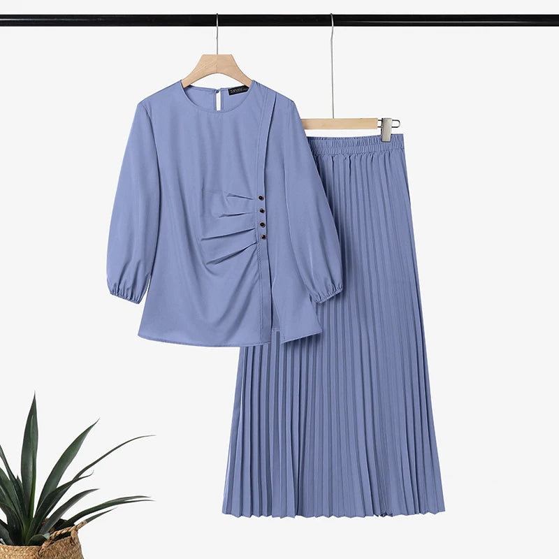 Modest Ramadan Outfit ZANZEA Women Muslim 2 Pieces Sets Stylish Casual O Neck Long Sleeve Pleated Blouse A Line Maxi Skirt Suit