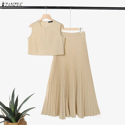 ZANZEA Elegant Thin Women Dress Sets Solid Color Summer 2PCS Two-piece Outfits Sleeveless Tops Blouse Pleated Long Skirt OL Work