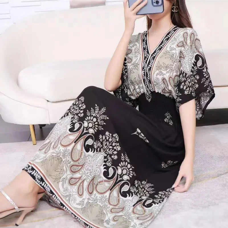 Casual Elegant Retro Bohemian National Style V-neck Elastic  Waist Large Swing Printed Summer Long Skirt Woman Dress Clothes