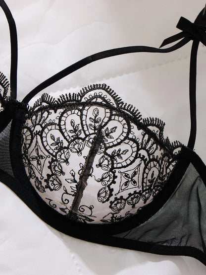 Elegant Black Lace Garter Lingerie Set Floral Embroidery Underwire Bra Sheer Mesh Honeymoon Intimate Sleepwear ZA825205