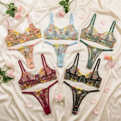 2-Piece Fashion Floral Lingerie Set Embroidery Sheer Underwear Intimates Underwire Push-up Versatile Bra Panty Set For Lady Girl