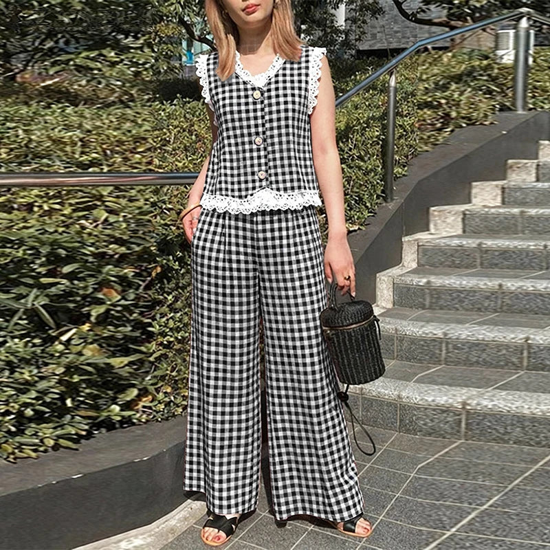 ZANZEA Women's Vintage Casual Pant Sets Wide-Leg Pant & Lace Trim Vests Tops Gingham 2 Pieces Sets Summer Pant Suits Outfits