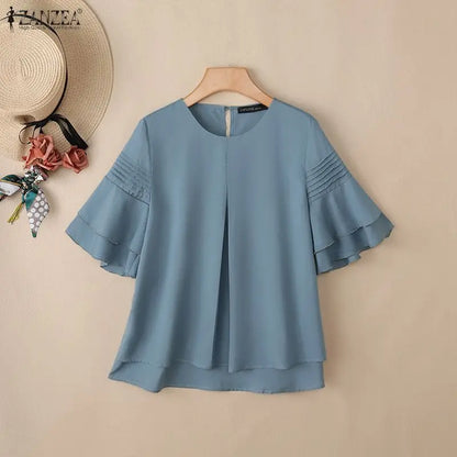 ZANZEA Women Blouse Elegant Ruffle Half Sleeve Casual Pleated O Neck Solid Loose OL Work Tunic Tops Blusas Streetwear Oversize
