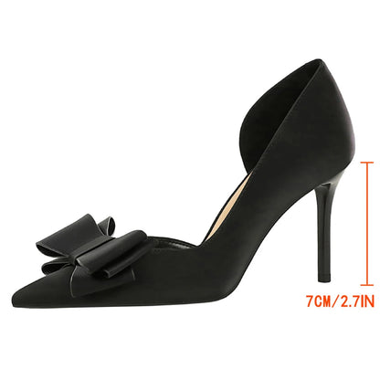 Large Size 43 Women Pumps Stilettos 7 cm Heels Women Shoes Silks Satins Kitten High Heels Three Layer Bowknot Design Women Heels