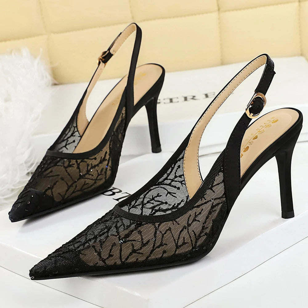 BIGTREE Shoes Lace Mesh High-heeled Sandals Women Shoes Summer Buckle Sexy Party Shoes Women Pumps Stiletto Heels 8 CM