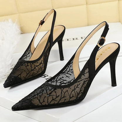BIGTREE Shoes Lace Mesh High-heeled Sandals Women Shoes Summer Buckle Sexy Party Shoes Women Pumps Stiletto Heels 8 CM