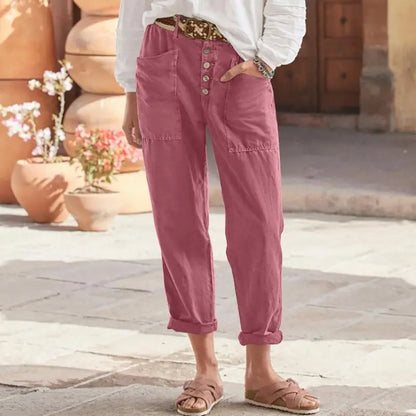 Women's Trousers Loose Solid Color Cotton Linen Button Pocket Breathable Basic Street Fashion Casual Pants