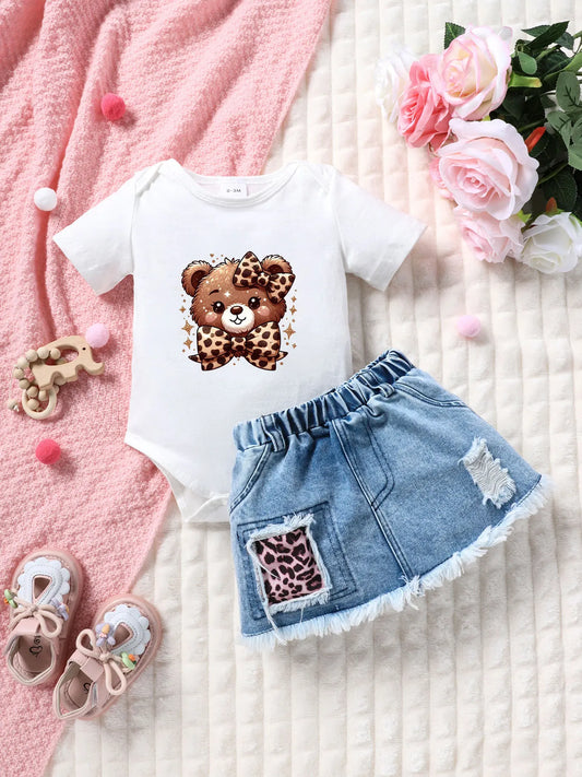 Summer Baby Girl Outfit Set with Bear And Leopard Print Butterfly Knot Short Sleeve Romper And Denim Mini Skirt 2-Piece Set for