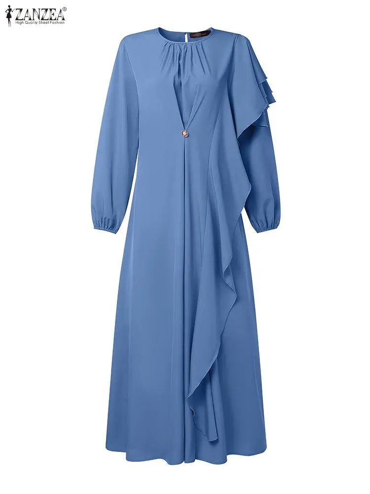 ZANZEA 2026 Women Elegant Long Sleeve Ruffled Dress Muslim Abaya Dress Ramadan Dubai Hijab Sundress IsIamic Robe Kaftan Vestidos