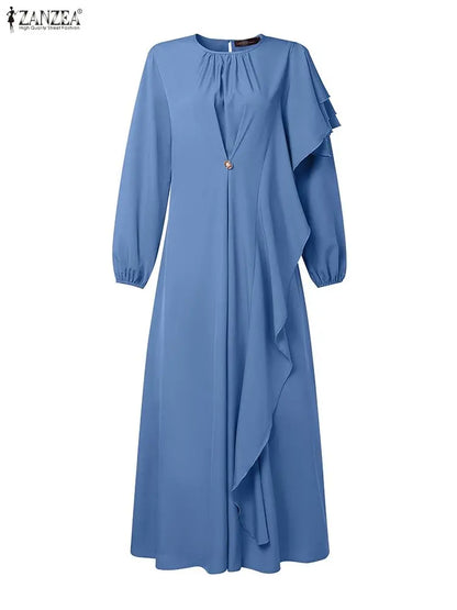 ZANZEA 2026 Women Elegant Long Sleeve Ruffled Dress Muslim Abaya Dress Ramadan Dubai Hijab Sundress IsIamic Robe Kaftan Vestidos
