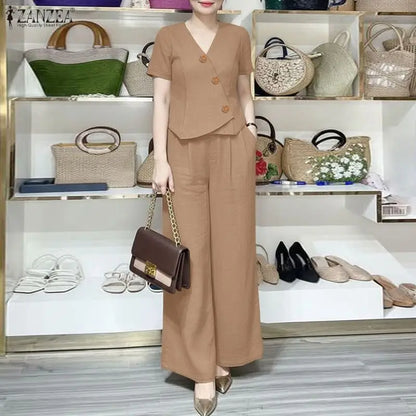 ZANZEA Women's Elegant OL Pant Sets Asymmetric Front Short Sleeve Tops & Wide Leg Pants 2 Pieces Sets Outfit Woman Trouser Suits