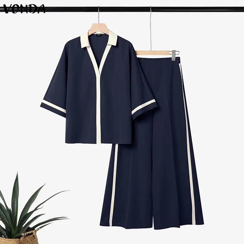 VONDA Summer Autumn Women Pants Sets Fashion Patchwork Plus Size Sets Female 3/4 Sleeve Tops Wide Leg Pant  L-5XL Streetwear