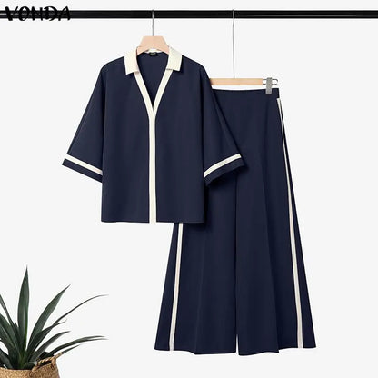 VONDA Summer Autumn Women Pants Sets Fashion Patchwork Plus Size Sets Female 3/4 Sleeve Tops Wide Leg Pant  L-5XL Streetwear