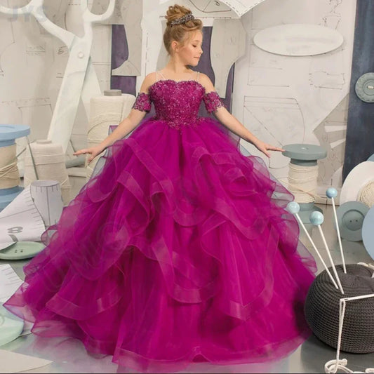 Dress for girls Party Flower Kids Ball Gown Tulle Off Shoulder Children Birthday Wedding Dresses First Communion Gown Clothing