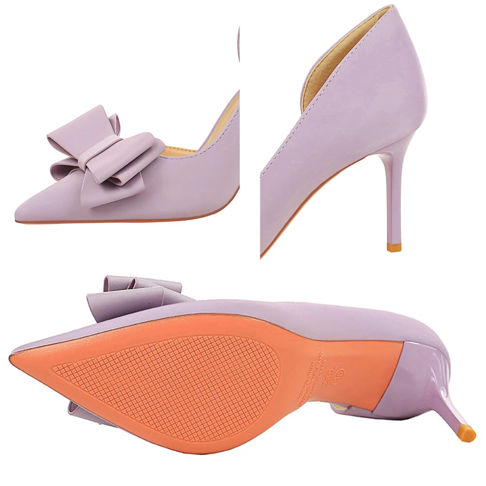Large Size 43 Women Pumps Stilettos 7 cm Heels Women Shoes Silks Satins Kitten High Heels Three Layer Bowknot Design Women Heels