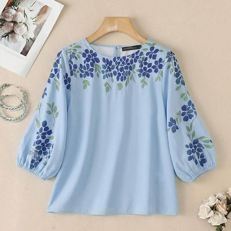 ZANZEA 2026 Woman Floral Print Blouses Elegant O-Neck 3/4 Puff Sleeve Tops Summer Casual Vacation Everyday Wear Blusas de Mujer