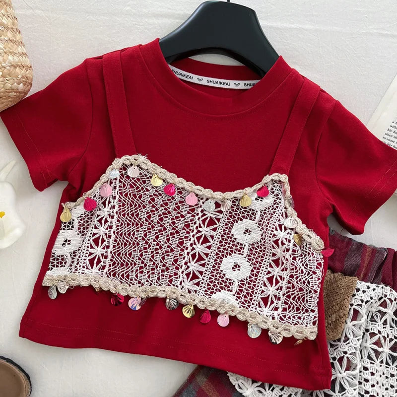 Girls' New Summer Short-Sleeve Ethnic Style Lace Patchwork Plaid Skirt Two-Piece Set