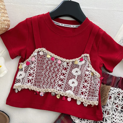 Girls' New Summer Short-Sleeve Ethnic Style Lace Patchwork Plaid Skirt Two-Piece Set
