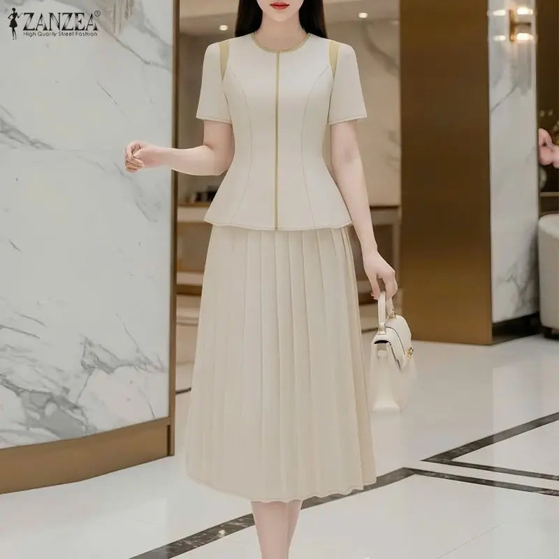 Elegant Summer OL Work Dress Sets 2026 ZANZEA Office Women 2 Piece Sets Short Sleeve Blouse Pleated Skirt Suit Patchwork Outfits