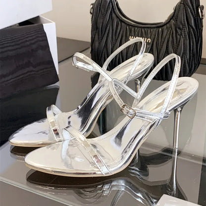 Gold Ankle Strap Gladiator Heeled Sandals Women Summer Sexy Open Toe Thin High Heels Elegant Banquet Wedding Shoes Sandalias