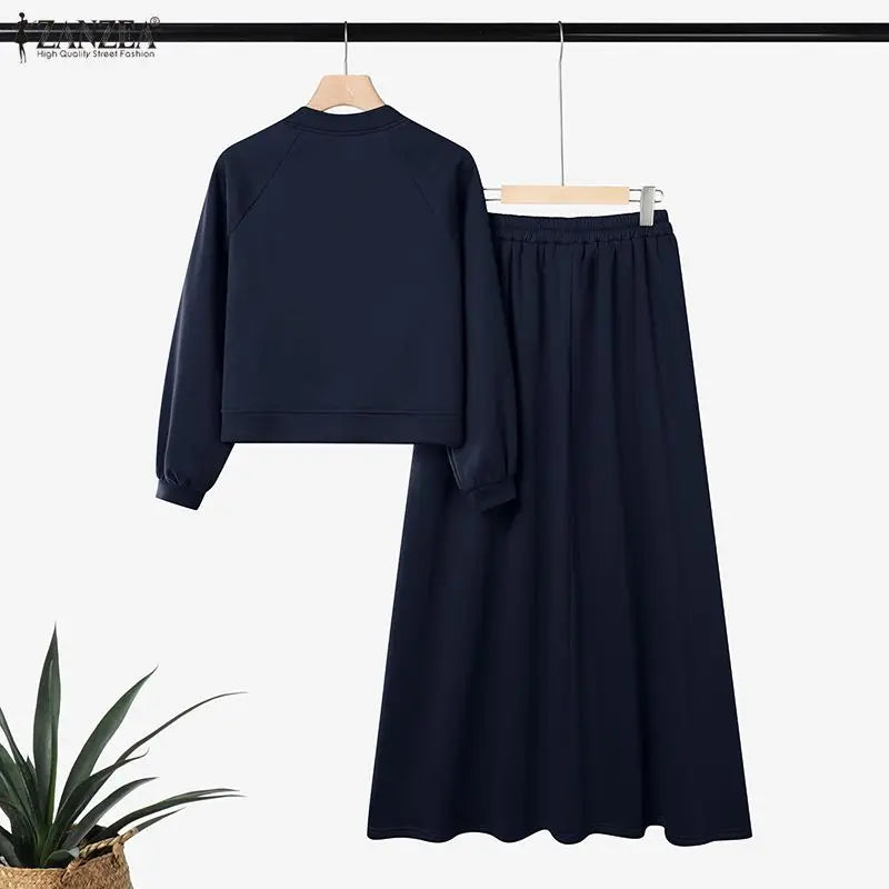 ZANZEA 2026 Spring Outfits Long Sleeve Blouse Skirt Suit Fashion Women 2 Pieces Sets Zipper Coats Maxi Dress Muslim Matching Set