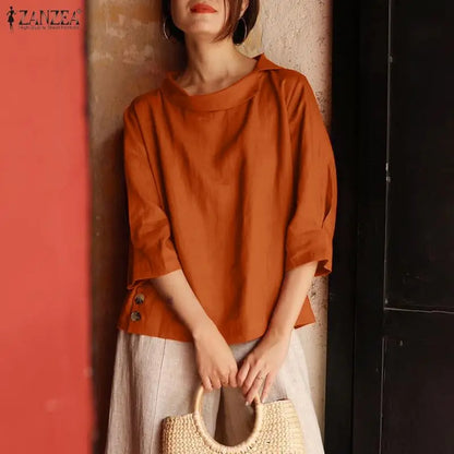 ZANZEA Woman Summer Blouses Irregular Turn-Down Collar 3/4 Sleeve Solid Color Tops Spring Summer Loose Casual Blusas de Mujer