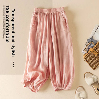 Summer Casual Cotton Linen Double Layer Lantern Pants Loose Elastic Waist Pure Color Wide Leg Harem Trousers for plus Size Women