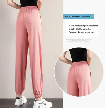 1pcs Summer Womens Ice Silk Pants Female High Elastic Waist Drawstring Pocket Loose Straight Trousers Student Sports Harun Pants