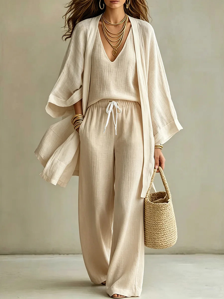 Women Fashion 3-Piece Set Open Front Cardigan Wide Sleeves Matching V-Neck Vest Drawstring Waist Wide Leg Pants Casual Outfit