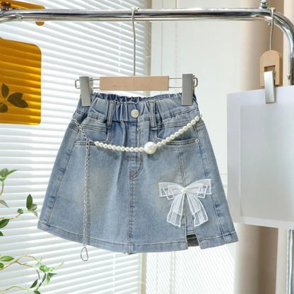 Girls Denim Skort 2026 Summer Kids Short Pants Cute Sweet Style Fake Two Piece Design Comfortable Stretch Casual Versatile