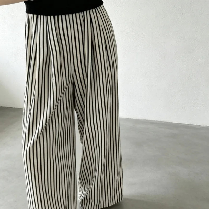Women's Korean Dongdaemun Summer Casual Wide Leg Striped Loose Fit High Waist Slimming Effect Comfortable Elastic Waist Pants