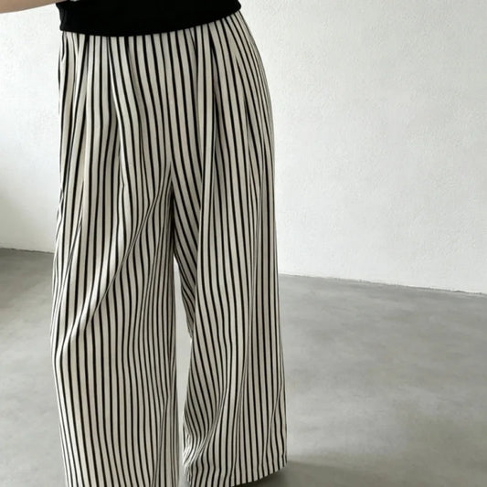 Women's Korean Dongdaemun Summer Casual Wide Leg Striped Loose Fit High Waist Slimming Effect Comfortable Elastic Waist Pants