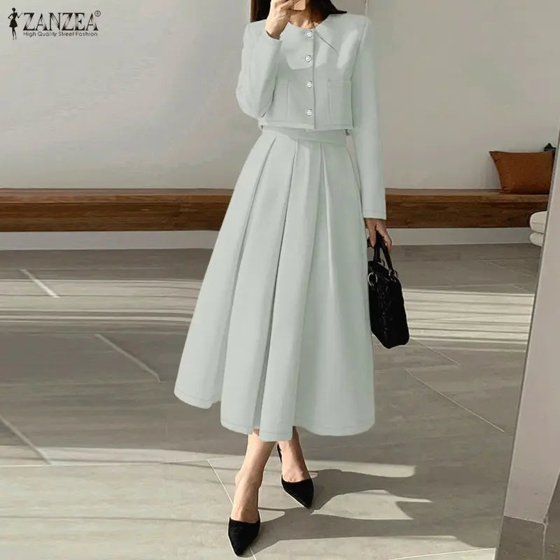 ZANZEA Fashion Women 2 Piece Sets Spring Autumn Office Outfits 2026 Elegant Long Sleeve Blouse Dress Suit Solid A Line Skirt Set