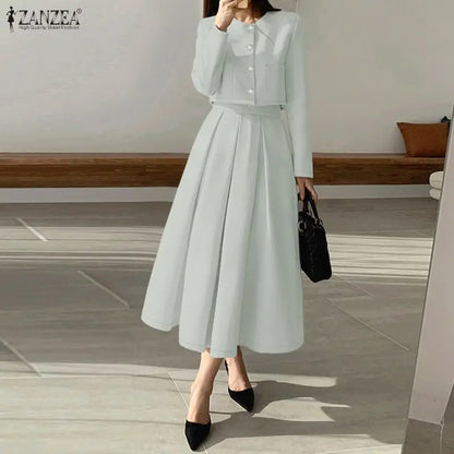 ZANZEA Fashion Women 2 Piece Sets Spring Autumn Office Outfits 2026 Elegant Long Sleeve Blouse Dress Suit Solid A Line Skirt Set