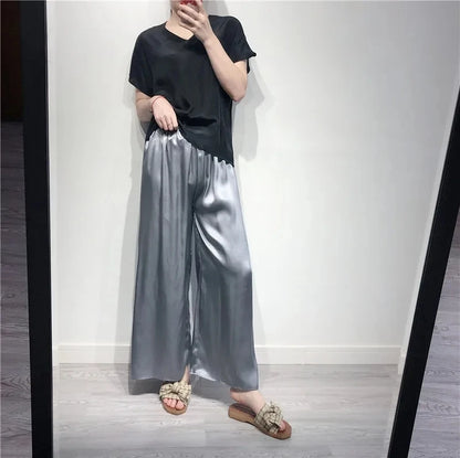 Birdsky, 1pc 100% natural Mulberry Silk Women Loose Cuts Pants Capris wide leg trousers extra size, high waist. S-39