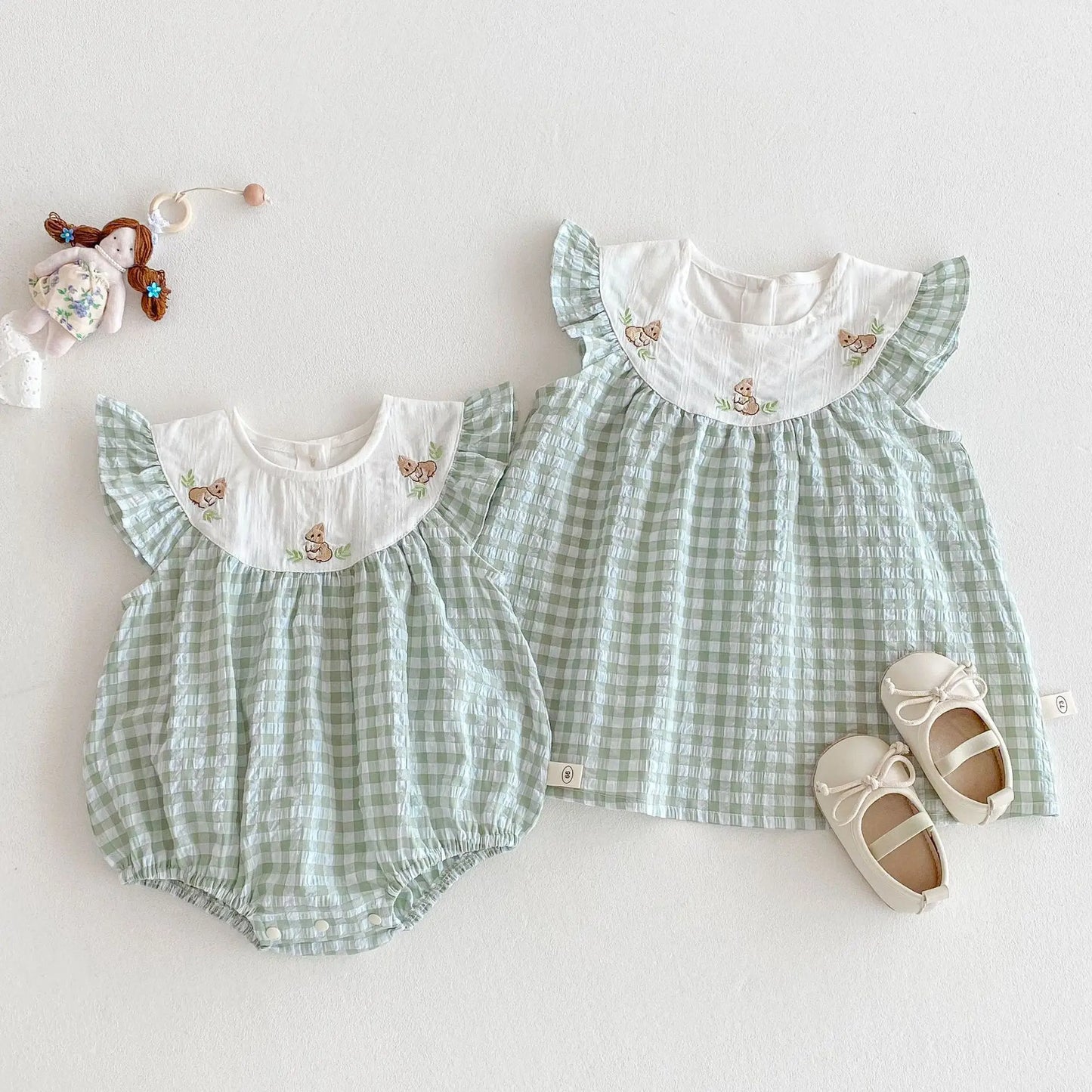 Baby Kid's Summer Plaid Dress 0-5Y Cute Embroidered Bunny Flying Sleeve Children's Dresses Sisters Clothing Baby Girls Bodysuit