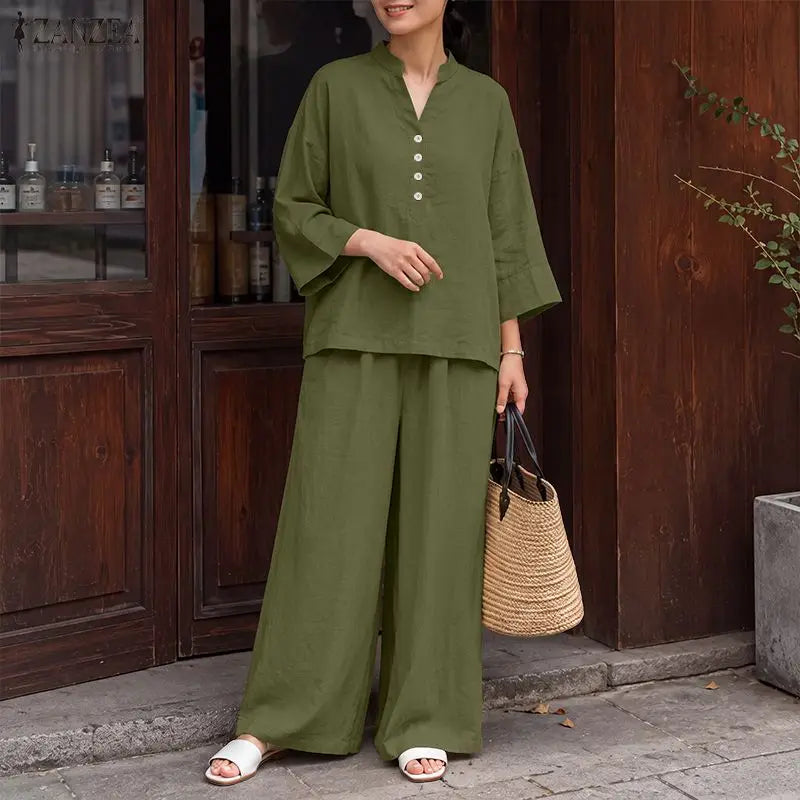 ZANZEA Women Casual Loose Pant Sets V-Neck Long Sleeve Blouse & Wide Leg Pant 2 Piece Matching Sets Autumn Daily Wear Co-ords