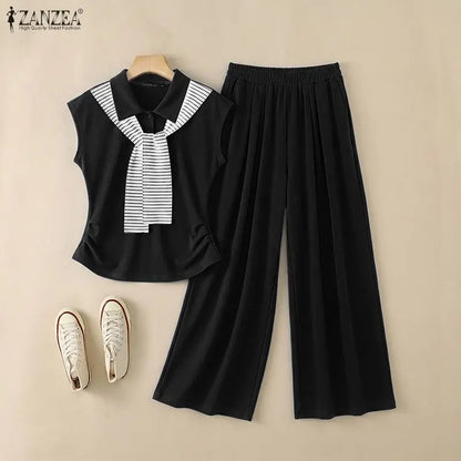 ZANZEA Women 2 Pieces Matching Sets Fashion Striped Tie Patchwork T-Shirt & Wide Leg Pant 2pcs Suits Casual Chic Tracksuits