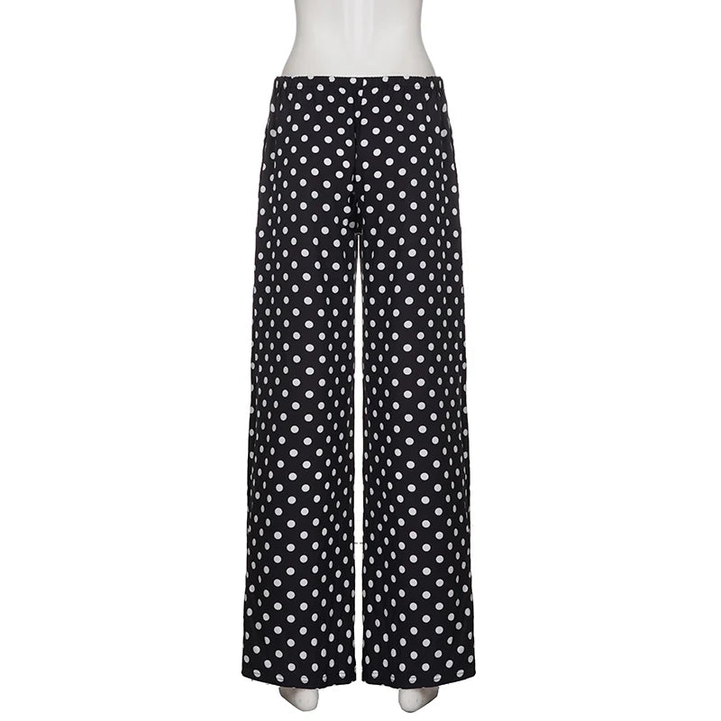Casual Polka Dot Print Elastic Waist Pants Women's Straight Leg Full Length Woven Trousers Vacation Style Beach Bottoms Fashion