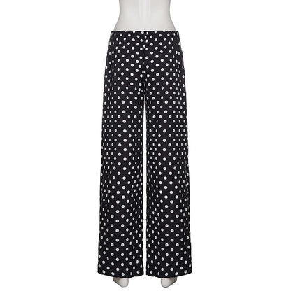 Casual Polka Dot Print Elastic Waist Pants Women's Straight Leg Full Length Woven Trousers Vacation Style Beach Bottoms Fashion
