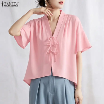 ZANZEA Vintage Kimono Blouses Woman V-Neck Short Sleeve Bow Details High-Low Pullover Tops Casual Day Wear Loose Blusas Mujer