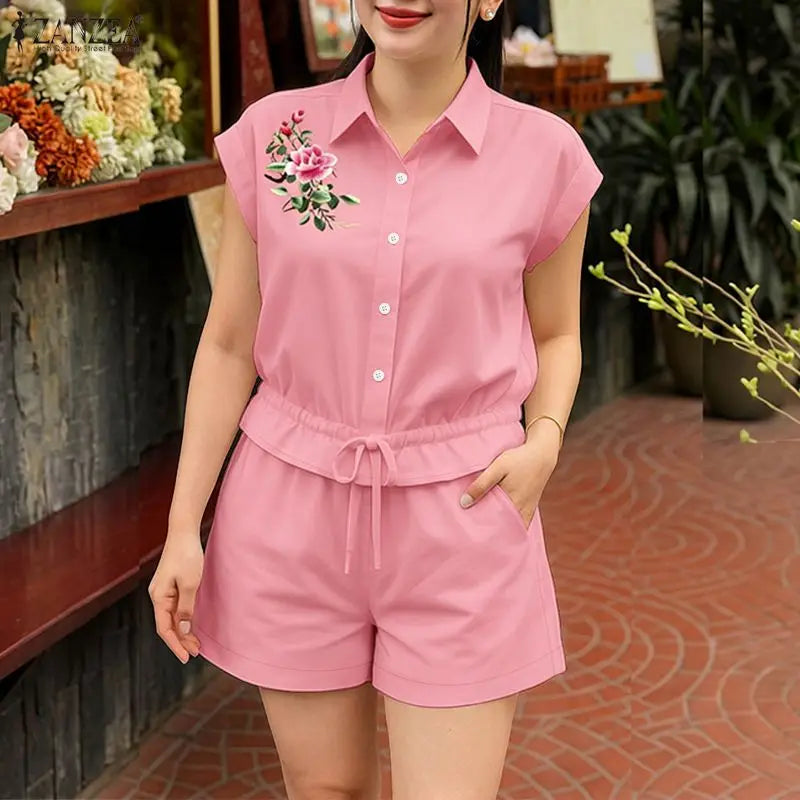 ZANZEA Women Short Sets Two Piece Shorts Sets Floral Drawstring Pockets Casual Summer Lapel Button 2PCS Sleeveless Tops Shorts