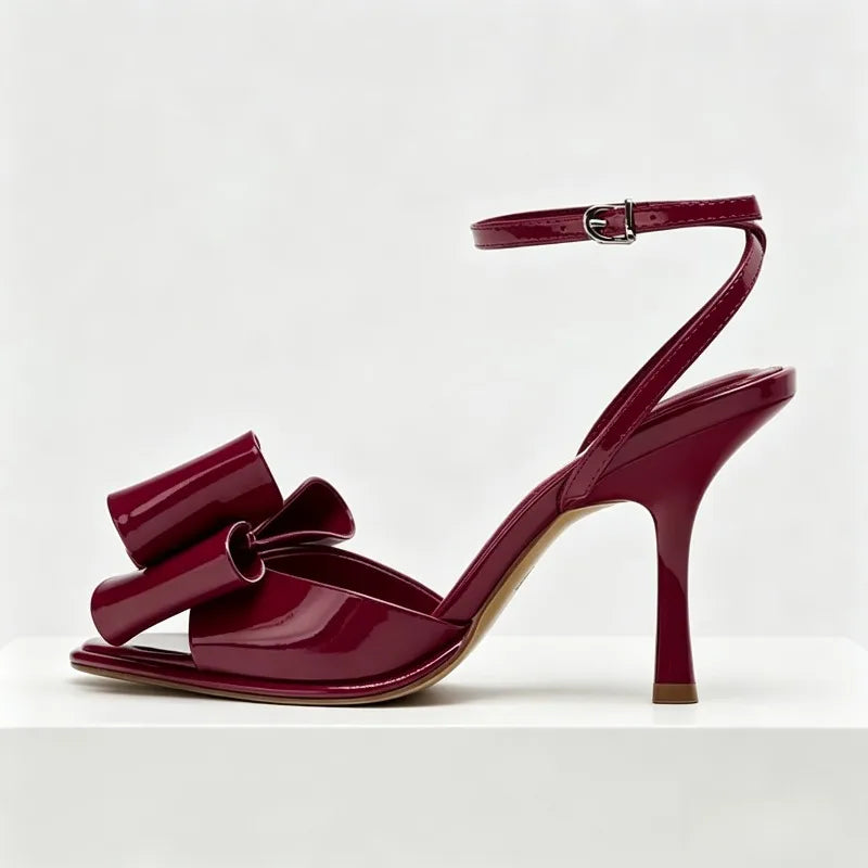 Luxury Red Butterfly-knot Ankle Strap Heeled Sandals Women Sexy Square Toe Peep Toe Thin High Heels Elegant Wedding Bridal Heels