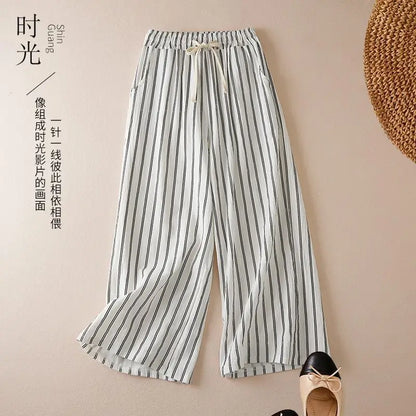 Women's Plus Size Spring and Summer Fashion Hot Selling Classic Black and White Contrast Stripe Casual Loose Cuffed Pants