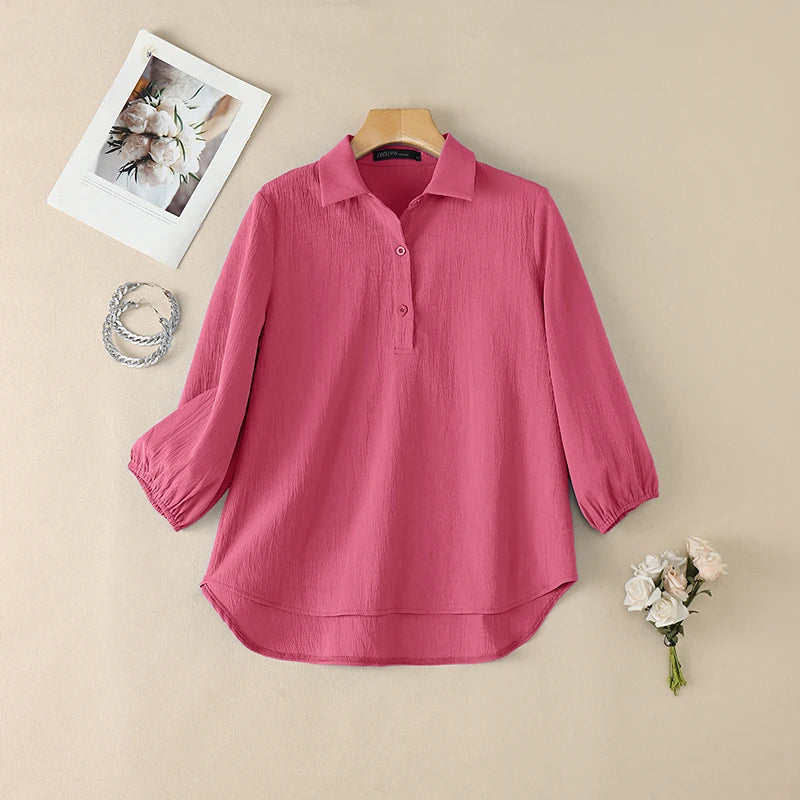 ZANZEA Women Crinkled Fabric Loose Blouses Turn-Down Collar Half-Buttons 3/4 Puff Sleeve Solid Blusas Mujer Daily Casual Tops