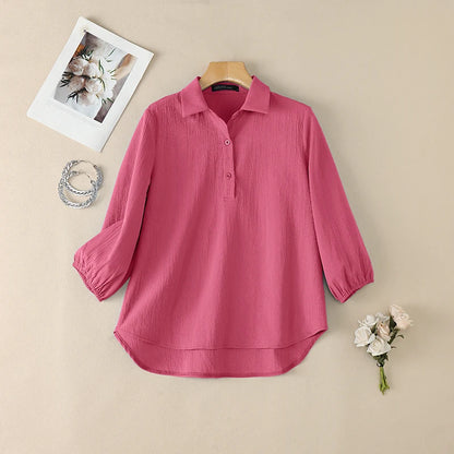 ZANZEA Women Crinkled Fabric Loose Blouses Turn-Down Collar Half-Buttons 3/4 Puff Sleeve Solid Blusas Mujer Daily Casual Tops