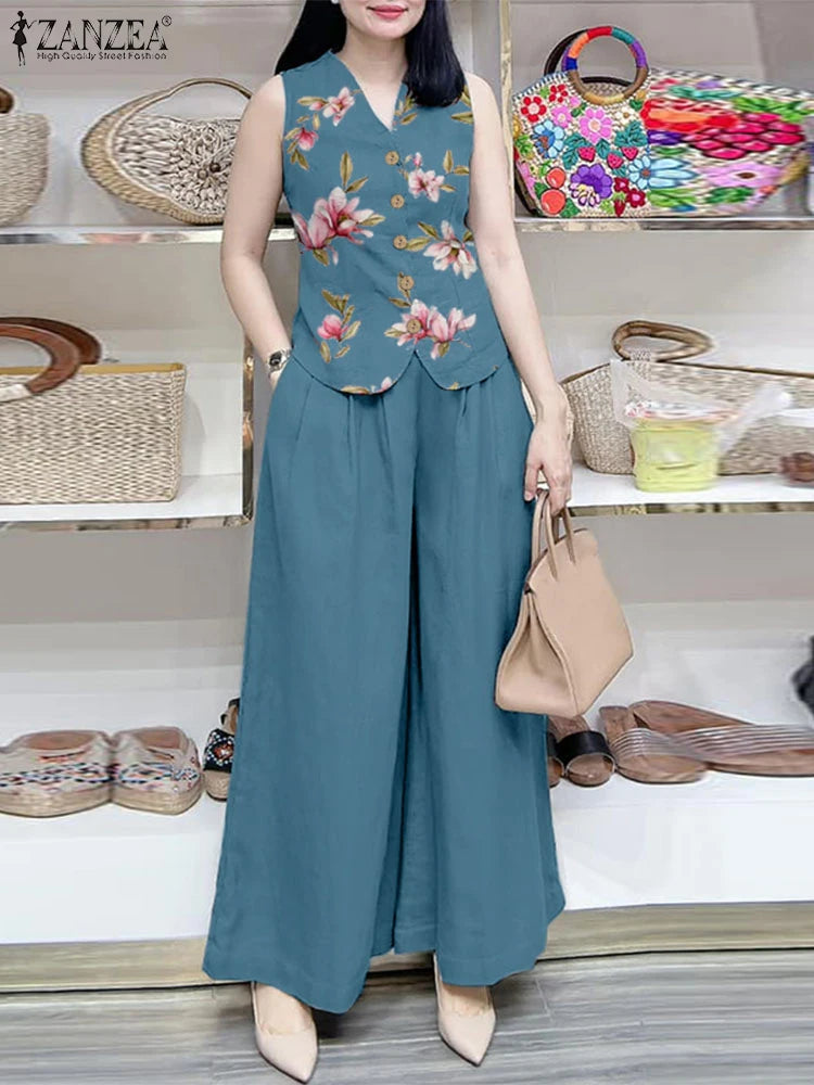 ZANZEA Elegant Women OL Work Pant Sets Summer 2PCS Outfits Casual Loose Wide Leg Trousers Suits Floral Tanks Tops Matching Sets